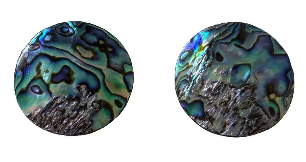 Abalone Shell Clip On Earrings Round Paua Shell Iridescent Blue Green 1.5” Vtg